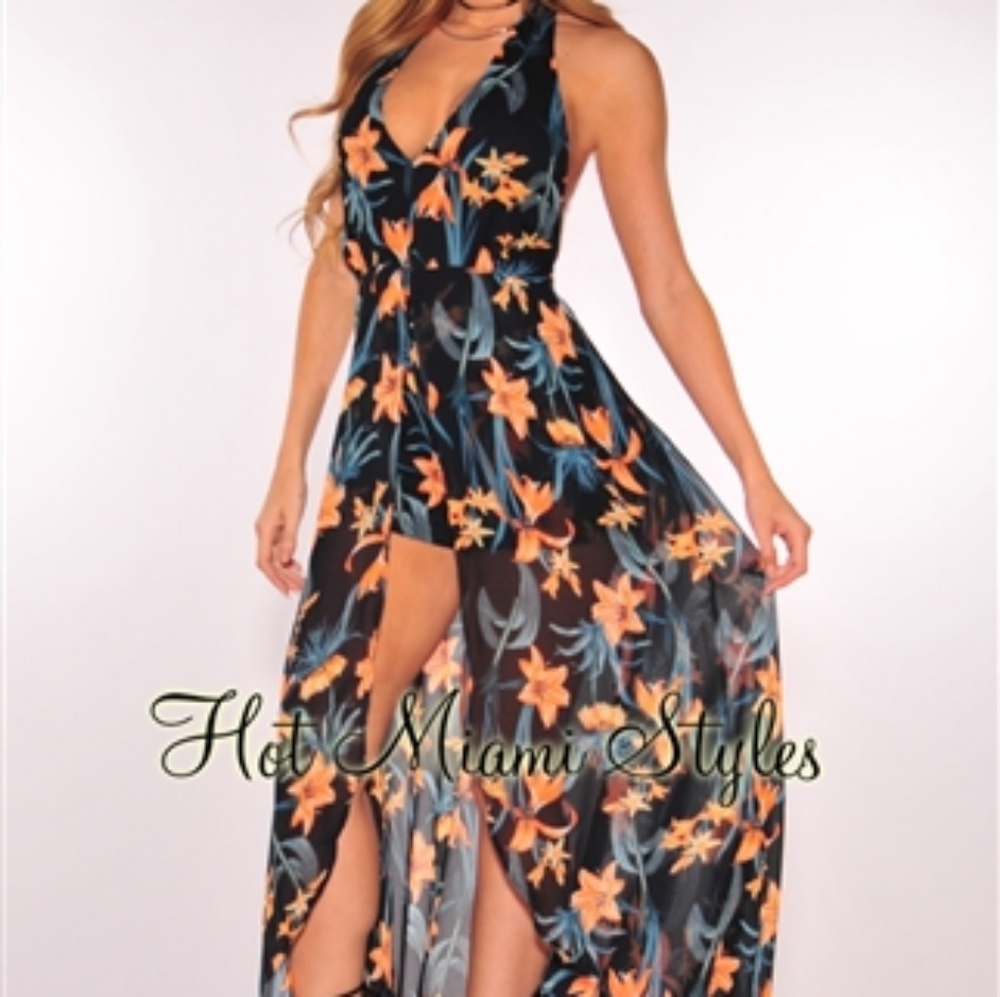 Navy Blue Coral Floral Print Dress